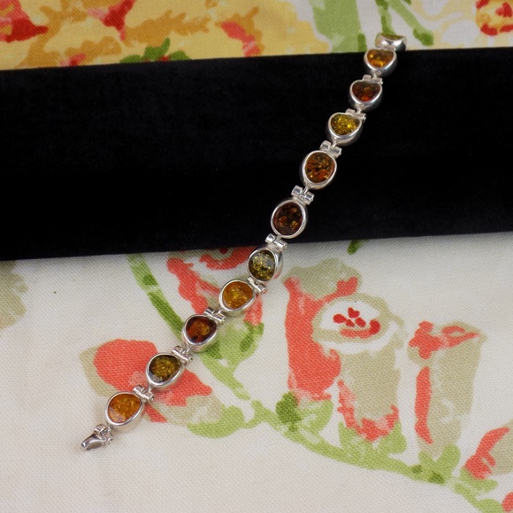 925 Gemstone BALTIC AMBER Link Bracelet 7" - Picture 1 of 8